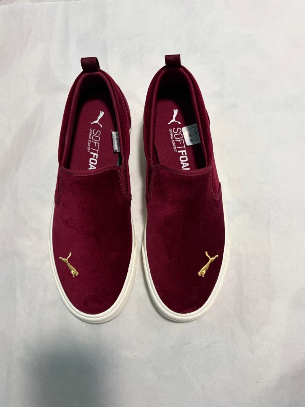 Puma Women’s Slip-On Loafers in Burgundy with Gold Logo